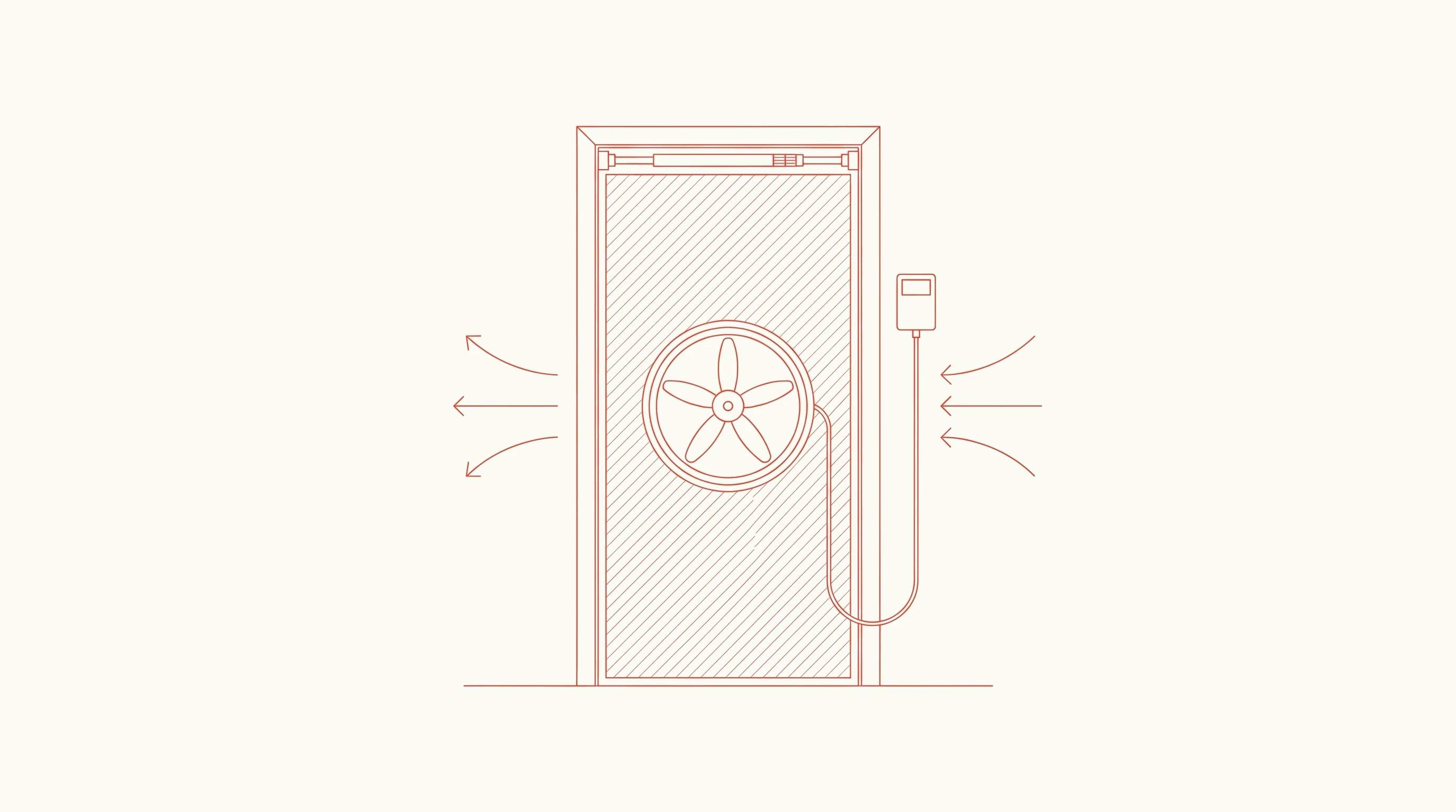 3D-Render eines Blower-Door-Test-Aufbaus mit Türrahmen, Membran und Lüftereinheit